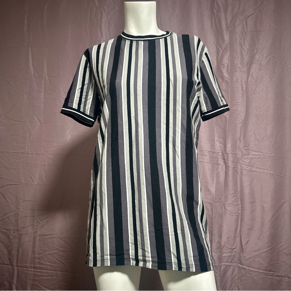 San Francisco Work Shirts Black White Striped T Shirt Medium 100% Cotton